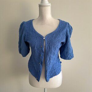 DKNY Blue Silver Button Down Short Sleeve Top Size Large